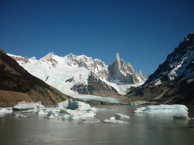snow covered peaks surrounding the laguna torre lake in los glaciares national park, argentina