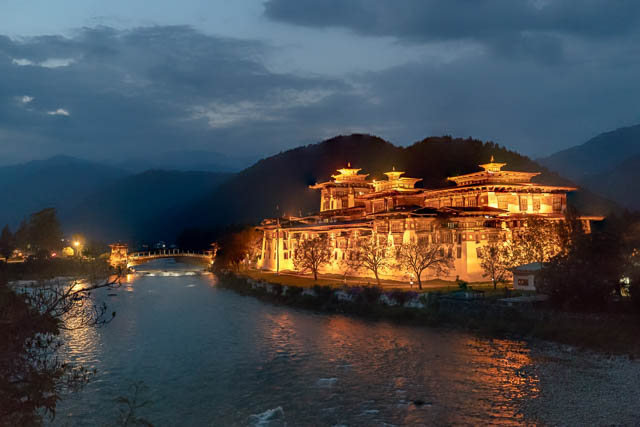 punakha dzong glows in its light at night