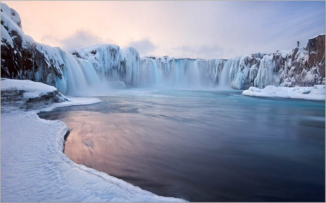 snow covered godafoss falls iceland