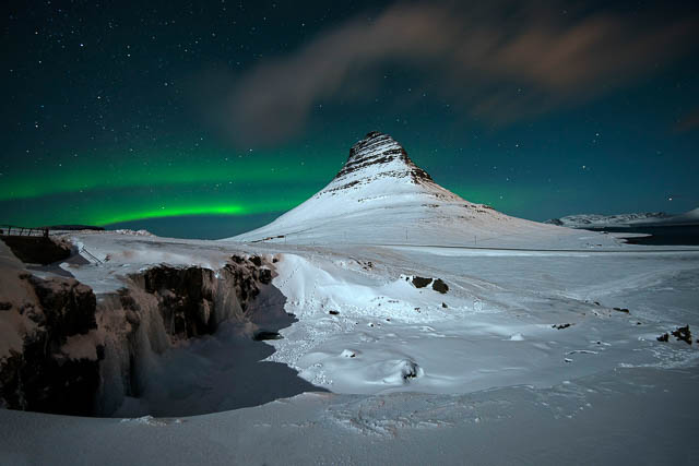 polar lights near snow covered kirkjufell mountain iceland