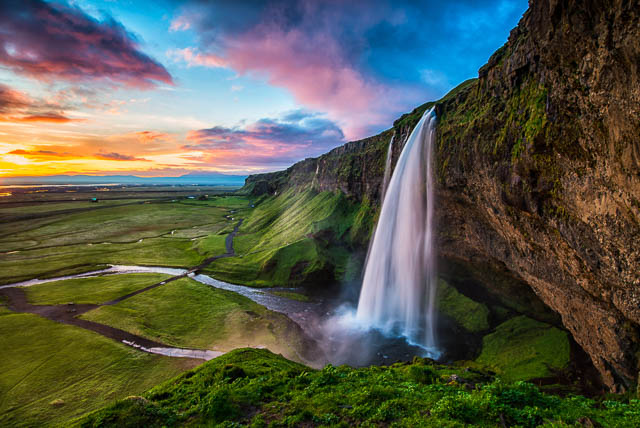 greenery around skogafoss waterfalls iceland