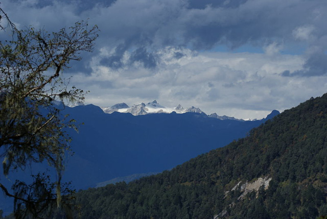 snow laden mountains in Phobjikha Valley