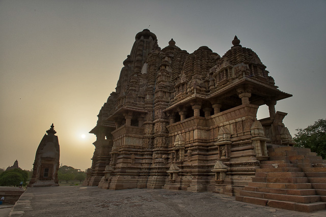 sunset view with temples at Khajuraho India