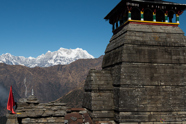 snow capped white himalayas visible from the highest shiva temple in chopta uttarakhand india