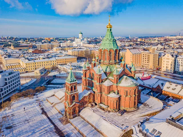 snow covered helsinki city viewed from top