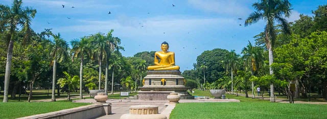 yellow coloured brass buddha ststue in viharamahadevi park in cinnamon gardens in colombo, sri lanka