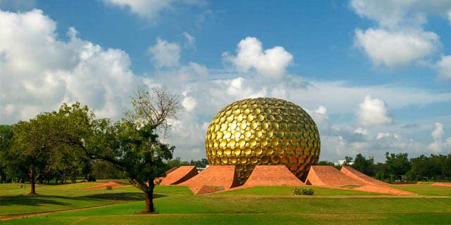 golden dome of matrimandir in auroville town shared by both tamil nadu and puducherry