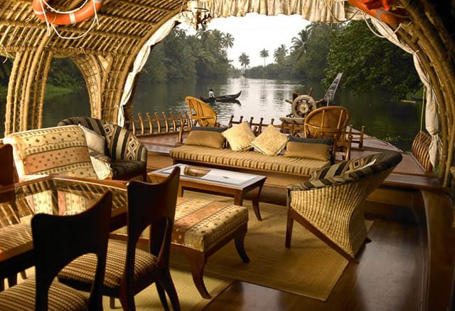 hoseboat sitting area overlooking kerala backwaters