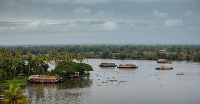 aerial view of many houseboats on alappuzha backwaters, kerala