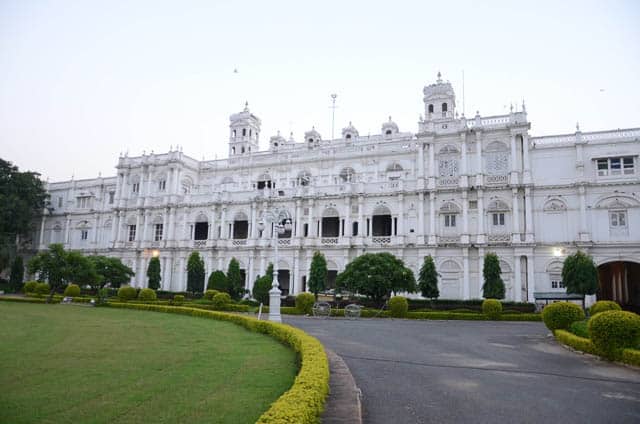 beautiful garden in front of jai vilas palace in gwalior, madhya pradesh