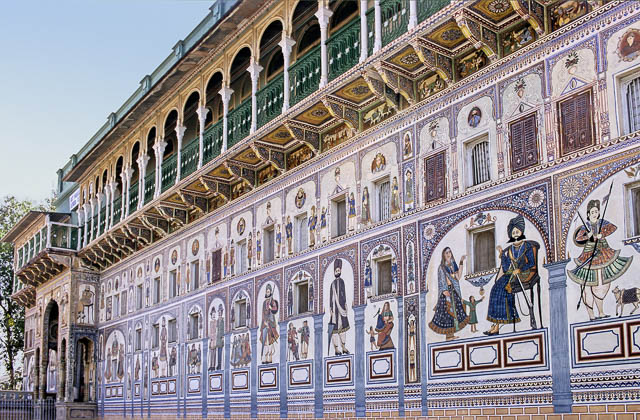 fully decorated walls of high school in shekhawati area, rajasthan